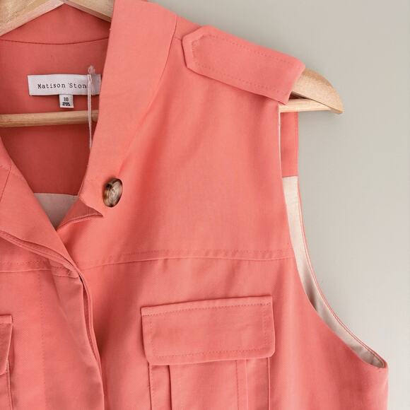 Matison Stone Tencel Button Up Utility Shirt Dress 10 Pocket Lined Coral Peach - Picture 4 of 16